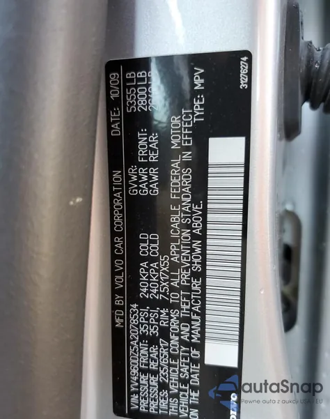 2010 Volvo Xc60 3.2 z USA, uszkodzony, nr VIN YV4960DZ5A2078534